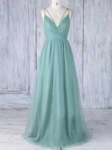 Trendy Sleeveless Floor Length Appliques Criss Cross Court Dresses for Sweet 16 with Green