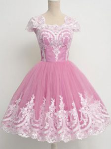 Rose Pink Zipper Square Lace Quinceanera Dama Dress Tulle Cap Sleeves