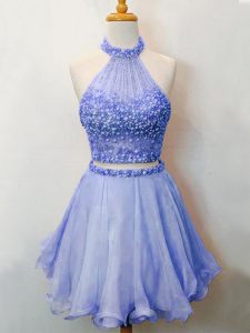 High Class Halter Top Sleeveless Dama Dress for Quinceanera Knee Length Beading Lavender Organza