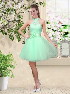Modest Apple Green Tulle Lace Up Dama Dress Sleeveless Knee Length Lace and Belt