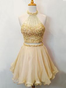 Smart Organza Halter Top Sleeveless Lace Up Beading Dama Dress in Champagne
