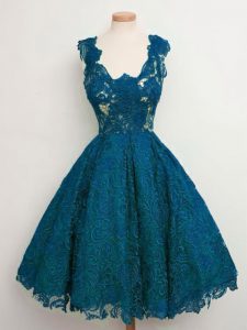 Fine Teal Straps Lace Up Lace Quinceanera Court of Honor Dress Sleeveless