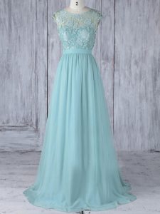 New Arrival Cap Sleeves Lace Backless Dama Dress for Quinceanera with Aqua Blue Sweep Train
