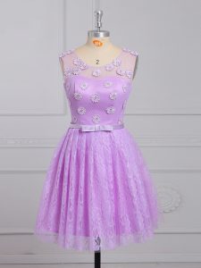 Fantastic Mini Length Lace Up Court Dresses for Sweet 16 Lilac for Prom and Party and Wedding Party with Appliques and Belt