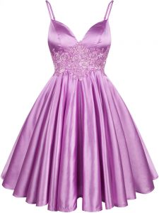 Super Spaghetti Straps Sleeveless Lace Up Quinceanera Court of Honor Dress Lilac Elastic Woven Satin