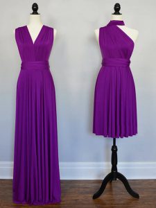 Comfortable Floor Length Purple Quinceanera Court Dresses Chiffon Sleeveless Beading and Ruching