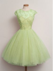 Cap Sleeves Knee Length Lace Lace Up Court Dresses for Sweet 16 with Yellow Green