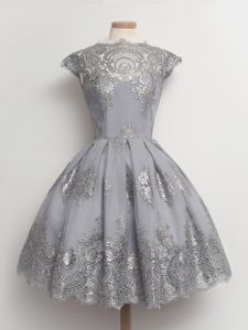 Cap Sleeves Tulle Tea Length Lace Up Court Dresses for Sweet 16 in Grey with Lace