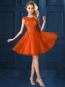 Orange Red Lace Up Dama Dress for Quinceanera Lace and Belt Cap Sleeves Knee Length