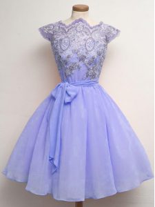 Custom Designed Lavender Cap Sleeves Lace and Belt Knee Length Damas Dress