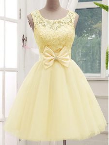 Exceptional Knee Length A-line Sleeveless Light Yellow Court Dresses for Sweet 16 Lace Up