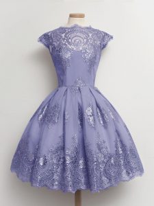Tulle Scalloped Cap Sleeves Lace Up Lace Damas Dress in Lavender