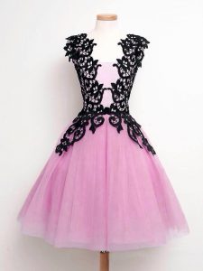 Fancy Knee Length Lace Up Vestidos de Damas Lilac for Prom and Party and Wedding Party with Lace