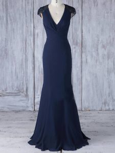 Best Selling Cap Sleeves Chiffon Floor Length Side Zipper Quinceanera Dama Dress in Navy Blue with Lace