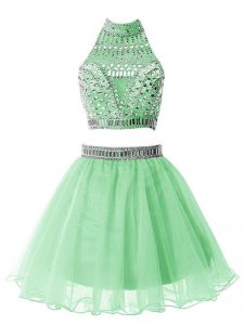 Top Selling Apple Green Dama Dress Prom and Party and Sweet 16 with Beading Halter Top Sleeveless Zipper