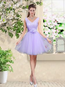 Lilac Tulle Lace Up Damas Dress Sleeveless Knee Length Lace and Belt