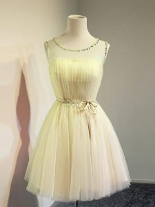Gold Lace Up Dama Dress for Quinceanera Belt Sleeveless Knee Length