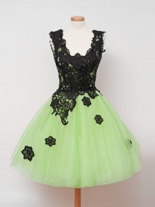 Inexpensive Tulle Zipper Dama Dress for Quinceanera Sleeveless Knee Length Appliques