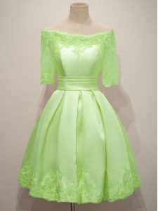 High End Yellow Green A-line Lace Quinceanera Court Dresses Lace Up Taffeta Half Sleeves Knee Length