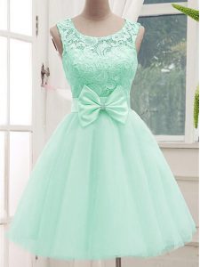Affordable Apple Green Sleeveless Lace and Bowknot Knee Length Quinceanera Court Dresses