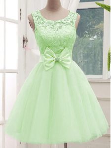 Custom Made Yellow Green Tulle Lace Up Scoop Sleeveless Knee Length Quinceanera Dama Dress Lace and Bowknot