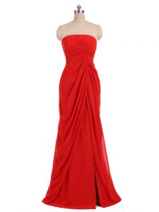 Pretty Red Column/Sheath Strapless Sleeveless Chiffon Floor Length Zipper Ruching Dama Dress