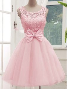 Super A-line Court Dresses for Sweet 16 Baby Pink Scoop Tulle Sleeveless Knee Length Lace Up