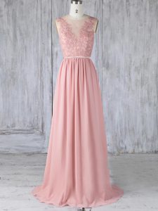 Beautiful Sweep Train Empire Quinceanera Court of Honor Dress Pink Scoop Chiffon Sleeveless Backless