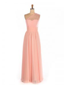 Fine Peach Quinceanera Court Dresses Prom and Party and Wedding Party with Ruching One Shoulder Sleeveless Side Zipper
