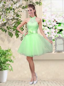 Eye-catching Tulle Halter Top Sleeveless Lace Up Lace and Belt Dama Dress for Quinceanera in