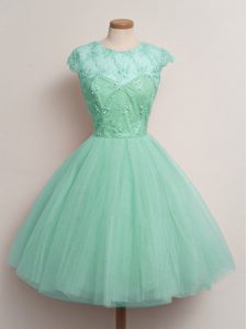 Pretty Scoop Cap Sleeves Lace Up Quinceanera Court of Honor Dress Apple Green Tulle