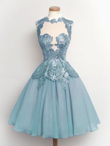 Charming Light Blue Chiffon Lace Up High-neck Sleeveless Knee Length Dama Dress for Quinceanera Lace