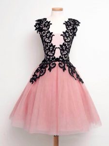 Best Selling A-line Damas Dress Pink Straps Tulle Sleeveless Knee Length Lace Up