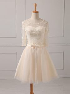 Free and Easy Champagne Lace Up Scoop Lace and Belt Vestidos de Damas Tulle Half Sleeves