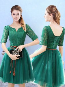 Green Half Sleeves Tulle Lace Up Quinceanera Dama Dress for Prom