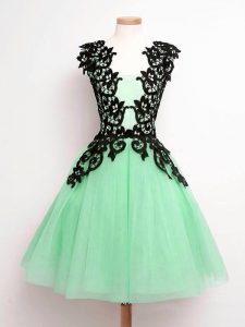 Popular Apple Green Tulle Lace Up Quinceanera Dama Dress Sleeveless Knee Length Lace