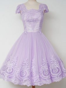 Cap Sleeves Tulle Knee Length Zipper Court Dresses for Sweet 16 in Lavender with Lace
