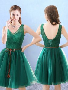 Great Green Sleeveless Lace Knee Length Damas Dress