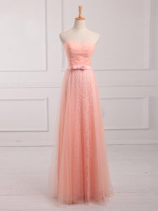 Customized Peach Lace Up Sweetheart Belt Quinceanera Court Dresses Tulle and Lace Sleeveless
