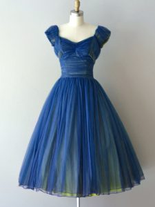 Enchanting Cap Sleeves Chiffon and Tulle Knee Length Lace Up Dama Dress in Blue with Ruching