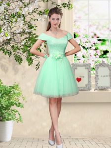 A-line Court Dresses for Sweet 16 Apple Green V-neck Tulle Cap Sleeves Knee Length Lace Up