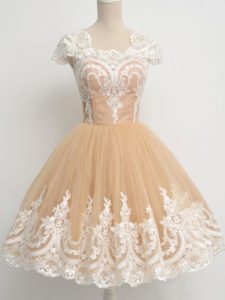Classical Cap Sleeves Knee Length Lace Zipper Quinceanera Court Dresses with Champagne