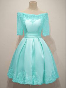 Nice Aqua Blue Taffeta Lace Up Off The Shoulder Half Sleeves Knee Length Court Dresses for Sweet 16 Lace