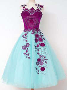 Sexy Aqua Blue Damas Dress Prom and Party and Wedding Party with Appliques Straps Sleeveless Lace Up