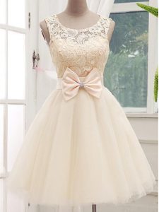 Champagne Scoop Lace Up Lace and Bowknot Quinceanera Court of Honor Dress Sleeveless