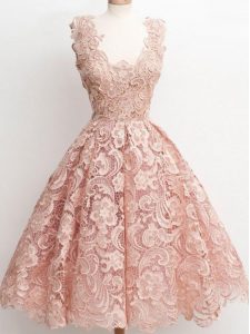 Pretty Sleeveless Lace Knee Length Zipper Quinceanera Dama Dress in Peach with Lace