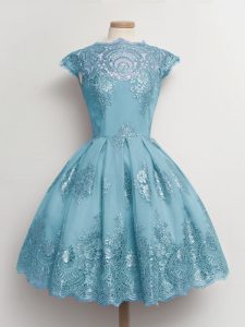 Scalloped Cap Sleeves Lace Up Quinceanera Court Dresses Aqua Blue Tulle