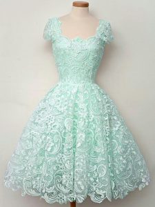 Apple Green Lace Up Straps Lace Dama Dress for Quinceanera Lace Cap Sleeves