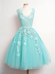 Sweet Aqua Blue A-line V-neck Sleeveless Tulle Knee Length Lace Up Lace Dama Dress for Quinceanera