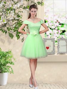 Top Selling Lace and Belt Quinceanera Court Dresses Apple Green Lace Up Cap Sleeves Knee Length
